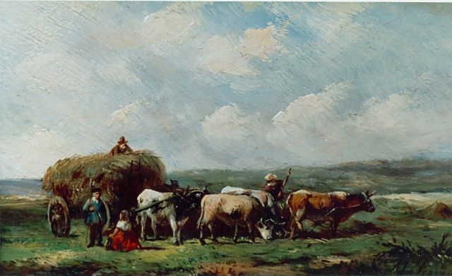 Prooijen A.J. van | The hay harvest, oil on panel 12.7 x 20.0 cm, signed l.r.