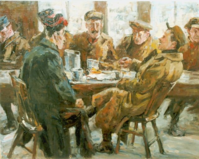 Hoynck van Papendrecht J.  | Soldiers in a café, oil on canvas laid down on panel 30.2 x 39.5 cm