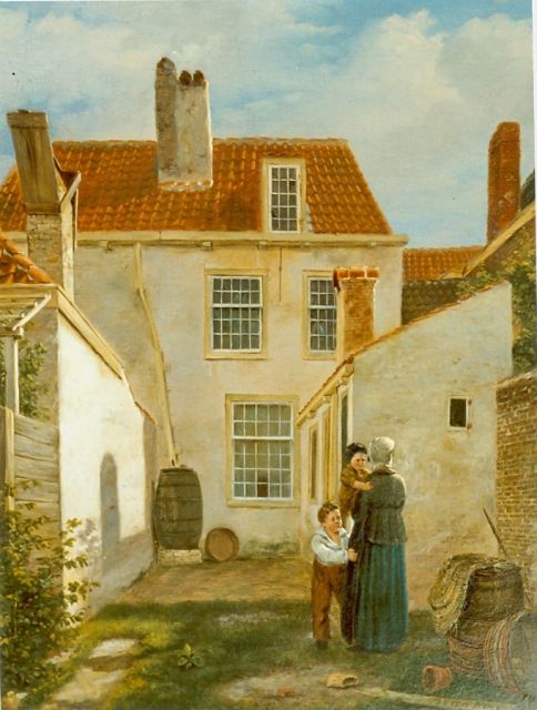 Hove B.J. van | Mother with two children in a court yard, oil on panel 29.0 x 23.0 cm, signed l.r.