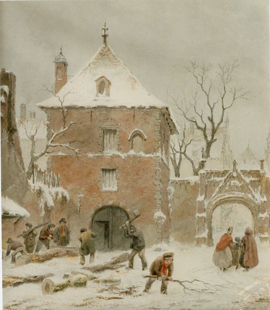 Hove B.J. van | A snow-covered landcsape with men gathering wood, watercolour on paper 25.5 x 22.5 cm, signed l.l.