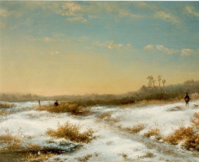 Kleijn L.J.  | Hunters in a winter landscape, oil on panel 32.5 x 31.2 cm, signed l.r.