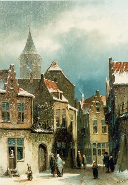 Petrus Gerardus Vertin | Figures in a street, oil on panel, 26.5 x 19.5 cm, signed l.r. and dated '56