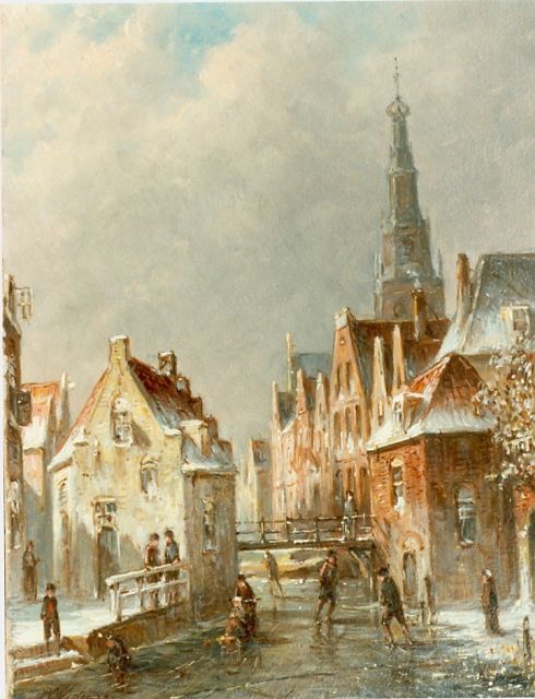 Petrus Gerardus Vertin | Canal with skaters, oil on panel, 24.0 x 19.4 cm, signed l.l.