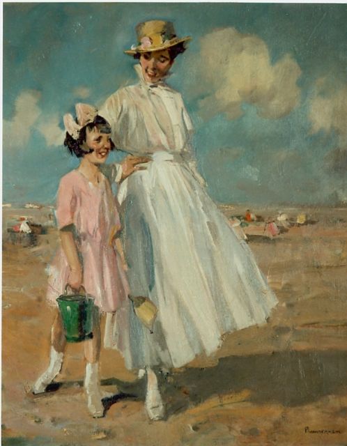 Hem P. van der | A beach scene with mother and daughter strolling, oil on canvas 79.0 x 65.5 cm, signed l.r.