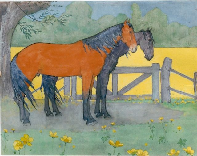 Jan Voerman sr. | Two horses, gouache on board, 25.0 x 32.0 cm, signed signed with monogram