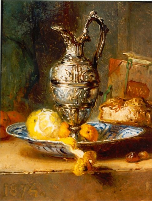 Maria Vos | Still life with a silver vase, a peeled lemon on a wanli plate, oil on panel, 14.0 x 11.5 cm, signed l.l. and dated 1874