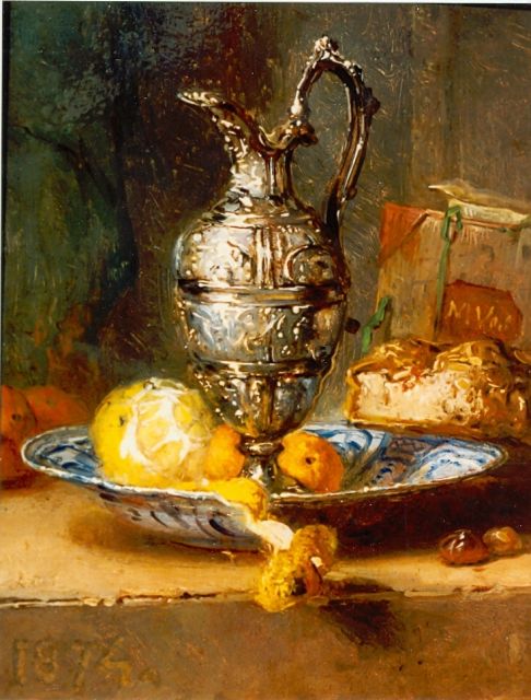 Vos M.  | Still life with a silver vase, a peeled lemon on a wanli plate, oil on panel 14.0 x 11.5 cm, signed l.l. and dated 1874