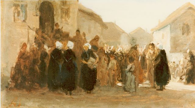 Sadée P.L.J.F.  | Figures on a village square, oil on panel 21.0 x 38.0 cm, signed l.l.