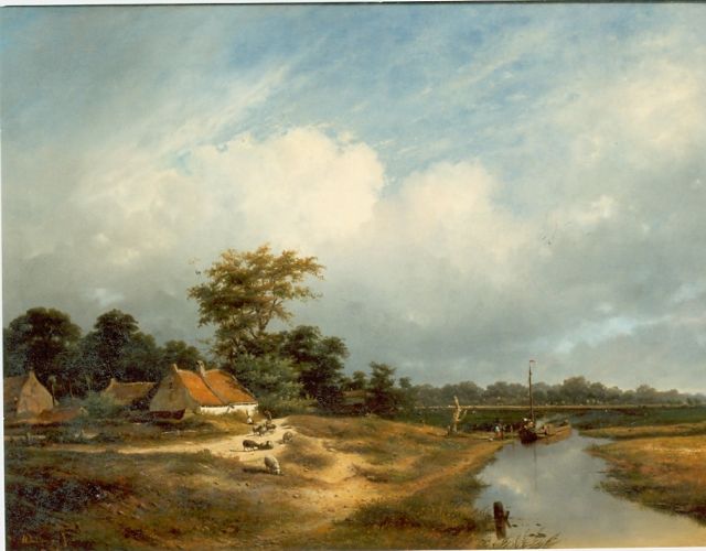 Sande Bakhuyzen H. van de | A shepherd and his flock by a farm, oil on canvas 74.2 x 100.0 cm, signed l.l. and dated 1852
