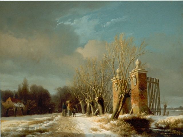 Hendrikus van de Sande Bakhuyzen | Travellers in a snow-covered landscape, oil on panel, 21.0 x 16.9 cm, signed l.r.