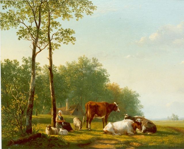 Hendrikus van de Sande Bakhuyzen | Peasant woman with cattle in a landscape, oil on panel