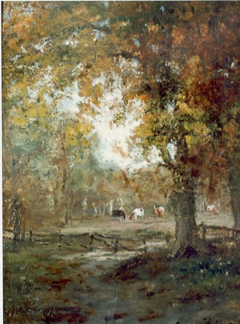 Sande Bakhuyzen J.J. van de | Autumn landscape with grazing cows, oil on panel 22.2 x 16.4 cm, signed l.r.