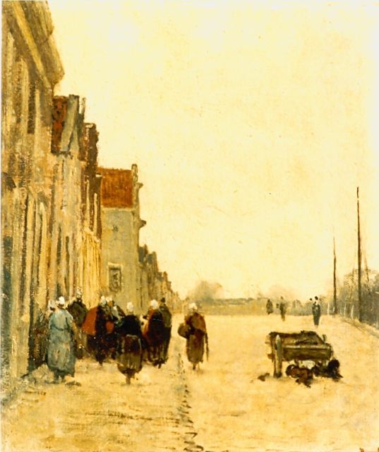 Philip Sadée | Women in a street, oil on canvas laid down on panel, 33.3 x 28.1 cm, signed l.r.