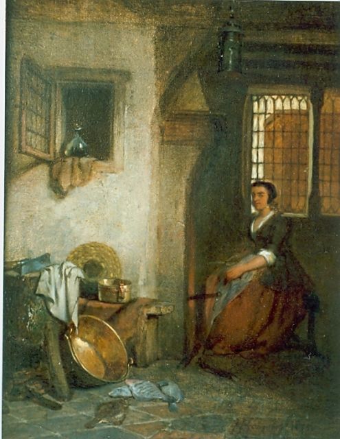 Scheeres H.J.  | Kitchen interior with servant, oil on panel 19.5 x 15.1 cm, signed l.r.