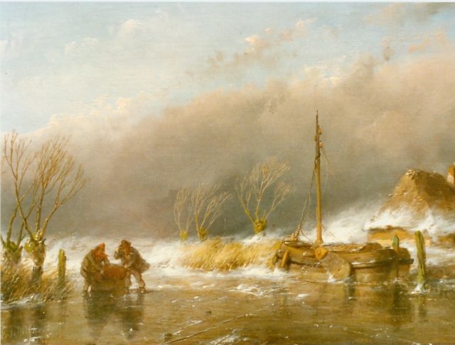 Schelfhout A.  | Figures on the ice, oil on panel 17.5 x 24.0 cm, signed l.l.