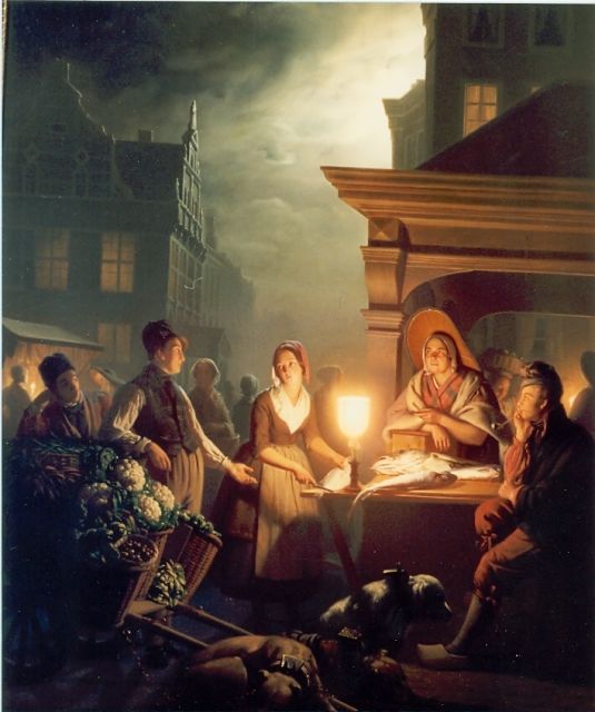 Petrus van Schendel | Fishmarket, The Hague, oil on panel, 85.0 x 71.0 cm, signed l.r.