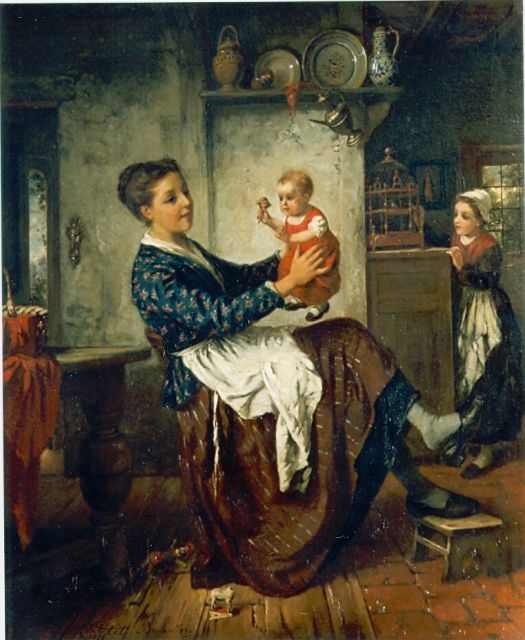 Joannes Christoffel Vaarberg | Interior with mother and child, oil on panel, 35.5 x 28.0 cm, signed l.l.