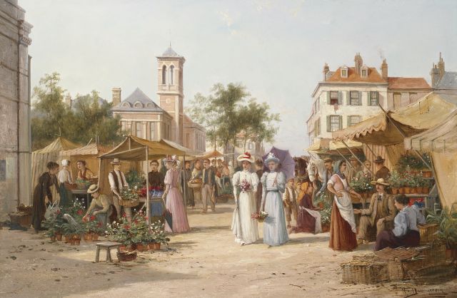 Dommerson W.R.  | A flowermarket with elegant ladies, Limburg, oil on canvas 50.7 x 76.3 cm, signed l.r.