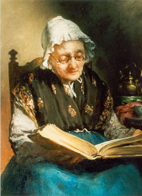 Valkenburg H.  | Elderly lady reading, oil on panel 25.0 x 19.7 cm, signed m.r.