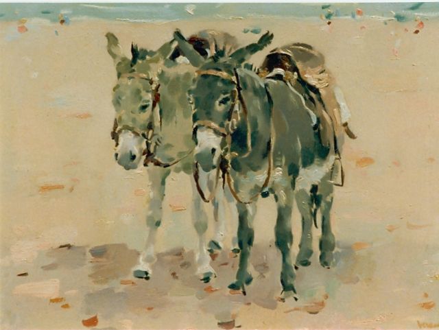 Frits Verdonk | Donkies on the beach, oil on panel, 34.2 x 47.3 cm, signed l.r.