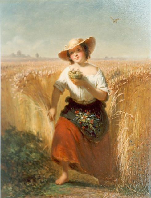 Verheijen J.H.  | Woman in a cornfield, oil on panel 20.7 x 15.2 cm, signed l.r.