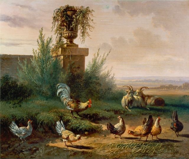 Albertus Verhoesen | Chickens in a meadow, oil on panel, 18.0 x 22.1 cm, signed l.l. and dated 1861