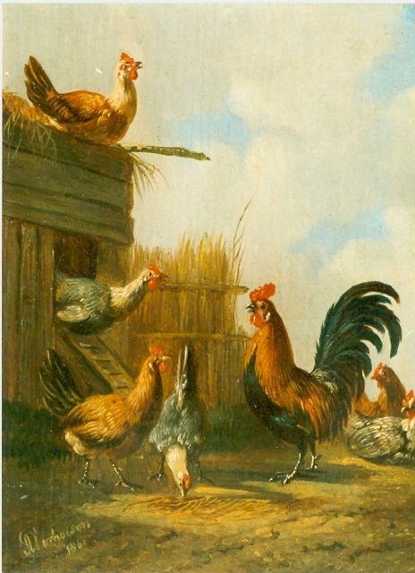 Verhoesen A.  | A hen on a chicken-ladder, oil on panel 12.7 x 10.4 cm, signed l.l.