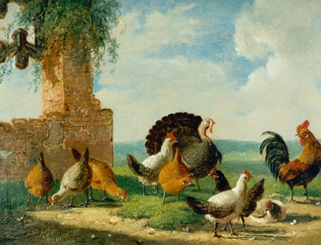 Albertus Verhoesen | Chickens and a turkey on a yard, oil on panel, 13.2 x 17.3 cm, signed l.l. and dated 1874