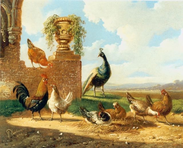 Albertus Verhoesen | Chickens and a  peacock in a classical landscape, oil on panel, 13.5 x 17.2 cm, signed l.l. and dated 1870