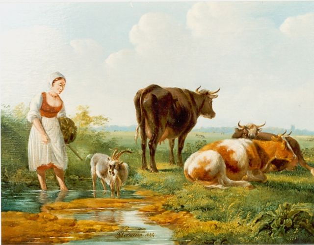 Albertus Verhoesen | A shepherdess, oil on panel, 22.0 x 27.0 cm, signed l.c.