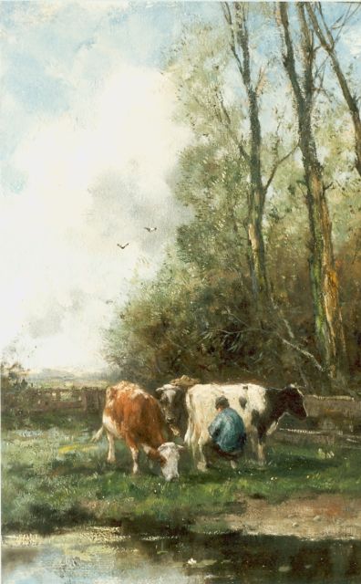 Johan Frederik Cornelis Scherrewitz | Milking time, oil on canvas, 45.3 x 31.1 cm