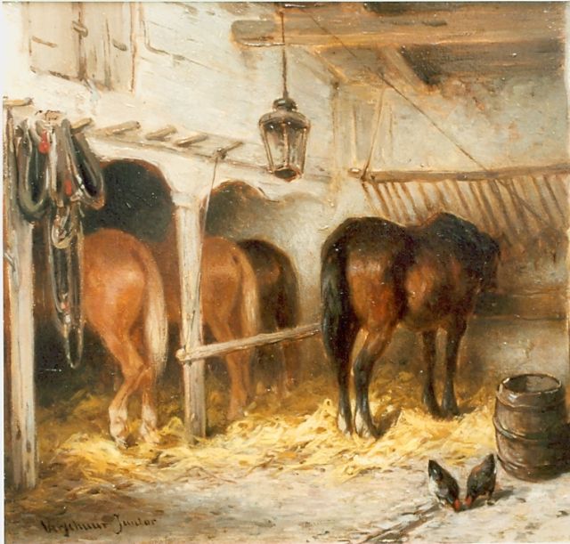 Verschuur jr. W.  | Horses in a stable, oil on panel 15.0 x 20.0 cm, signed l.l.