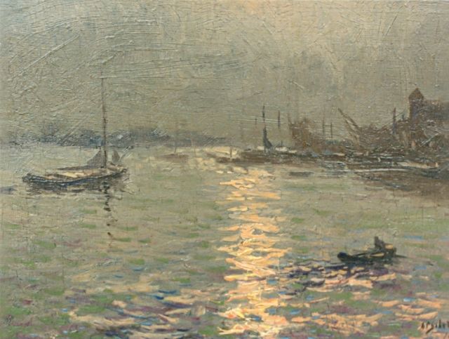 Schotel A.P.  | A boat entering harbour, oil on panel 17.9 x 25.1 cm, signed l.r. and dated '19