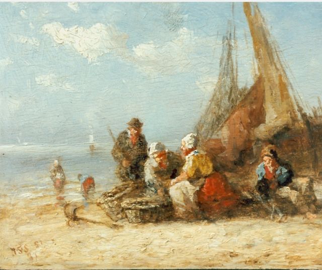 Schütz J.F.  | Fishermen on the beach, oil on panel 10.0 x 12.4 cm, signed l.l. with monogram and dated '37