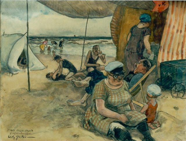 Willy Sluiter | Figures on the beach, Scheveningen, mixed media on paper, 37.0 x 48.0 cm, signed l.l.