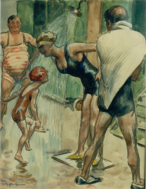 Sluiter J.W.  | A cold shower, mixed media on paper 48.0 x 37.0 cm, signed l.l.