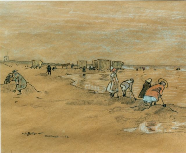Willy Sluiter | Children on the beach, drawing on paper, 30.5 x 37.5 cm, signed l.l.