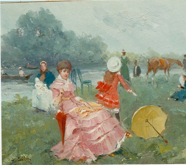 Juan Soler | Elegant figures on the riverbank, oil on panel, 37.9 x 46.0 cm, signed l.l.