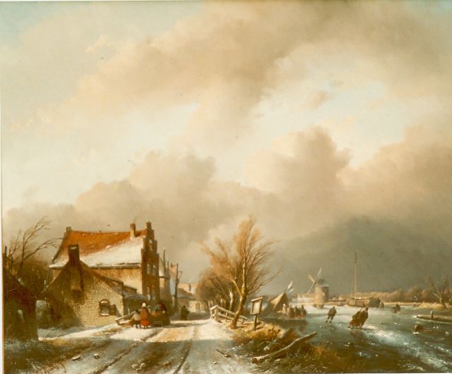 Spohler J.J.  | A winter landscape with figures skating on the ice, oil on panel 48.3 x 61.3 cm, signed l.l.