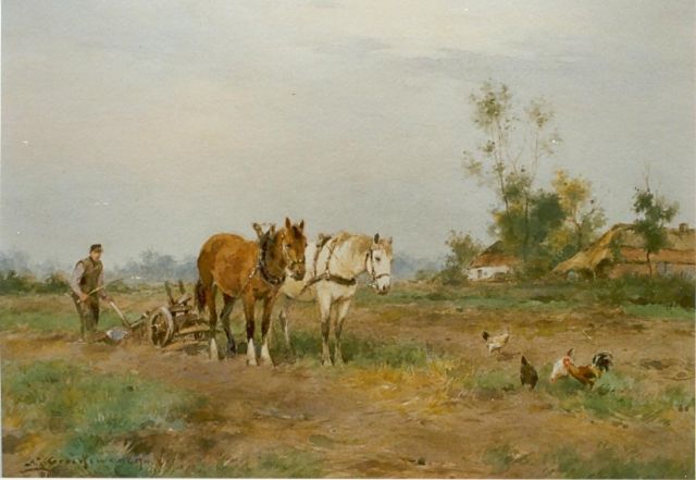 Adriaan Groenewegen | A ploughing  farmer, watercolour on paper, 24.2 x 34.2 cm, signed l.l.