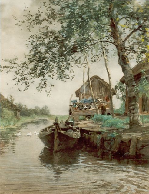 Tholen W.B.  | Farm along a waterway, watercolour on paper 42.0 x 33.0 cm, signed l.l.