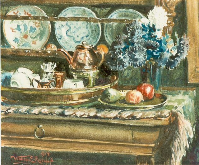 Roelofs jr. W.E.  | Buffet with tableware, watercolour on paper 20.0 x 26.0 cm, signed l.l. and dated 1914