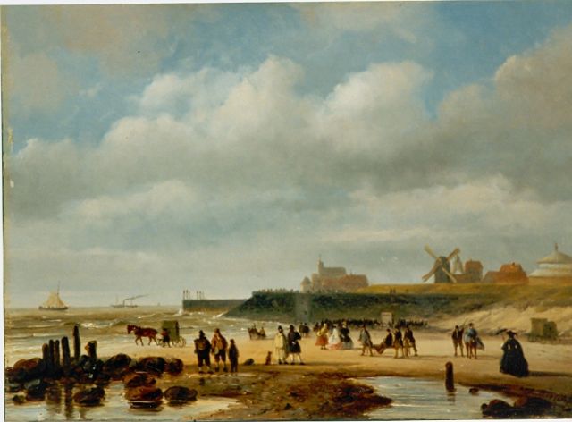 Roosenboom N.J.  | Elegant figures on the beach, Scheveningen, oil on panel 25.5 x 36.1 cm, signed l.r.