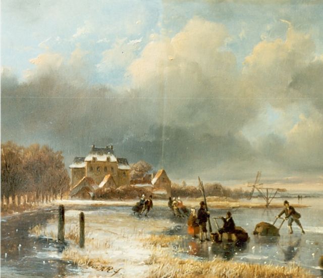 Nicolaas Roosenboom | Skaters on a frozen waterway, oil on panel, 18.7 x 23.0 cm, signed m.c. with monogram