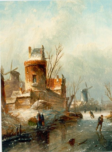 Jacob Jan Coenraad Spohler | Frozen canal with skaters, oil on panel, 20.0 x 16.0 cm, signed l.l.