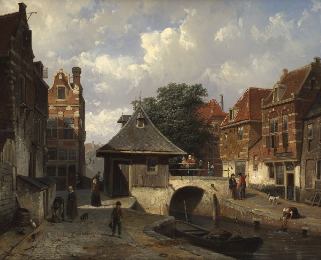 Cornelis Springer | View of the 'Vischbrug', Woerden, oil on panel, 34.2 x 42.0 cm, signed l.l. and dated '54