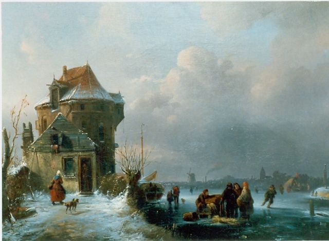 Stok J. van der | A frozen waterway with figures skating, oil on panel 40.0 x 56.4 cm