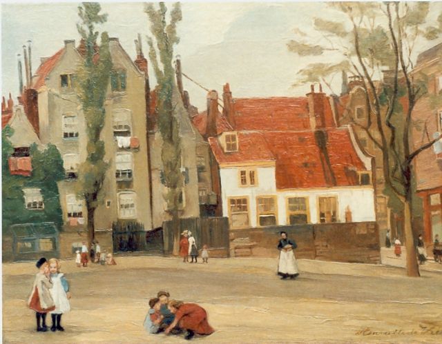 Vries S.C.H. de | Children playing on a square, oil on canvas 32.5 x 43.0 cm, signed l.l.