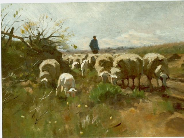 Weele H.J. van der | A shepherd and flock, oil on canvas laid down on panel 36.2 x 50.4 cm