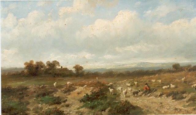 Wijngaerdt A.J. van | A shepherd and flock, oil on panel 23.5 x 36.0 cm, signed l.r.